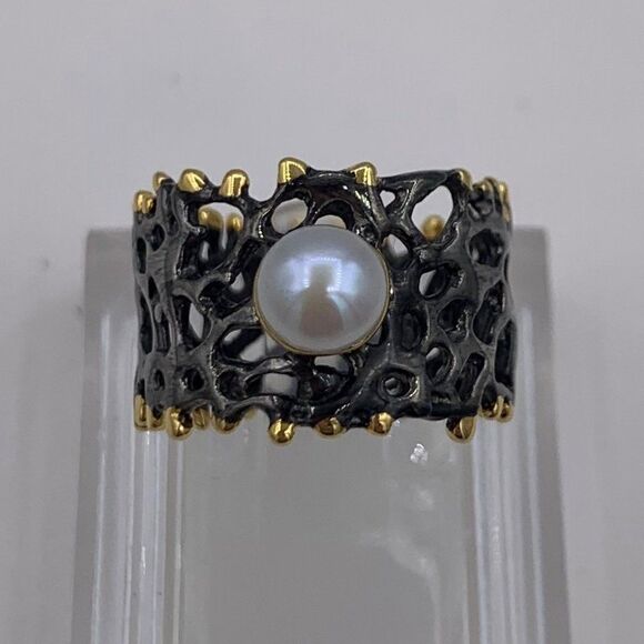 New, no tags, solid sterling 925 silver, black rhodium, 22 K gold, real pearl - Picture 3 of 14